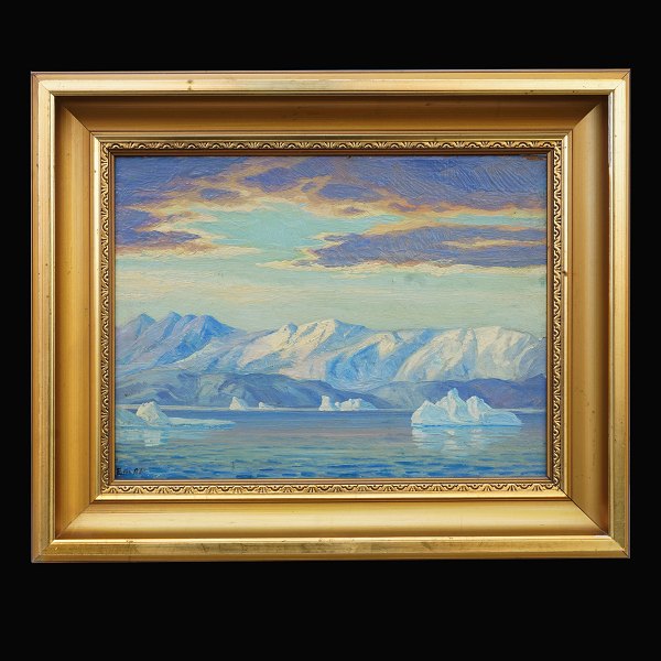 Emanuel A. Petersen (Emanuel Aage Petersen), 1894-1948, olie på plade. Parti fra Grønland med isbjerge. Signeret. Lysmål: 20x27cm. Med ramme: 31x38cm