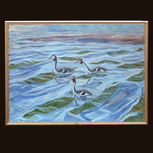 Stort Knud Kyhn maleri. Knud Kyhn, 1880-1969, olie på lærred. Motiv i form af 
tre toppede lappedykkere. Signeret og dateret 1922. Lysmål: 123x162cm. Med 
ramme: 131x170cm