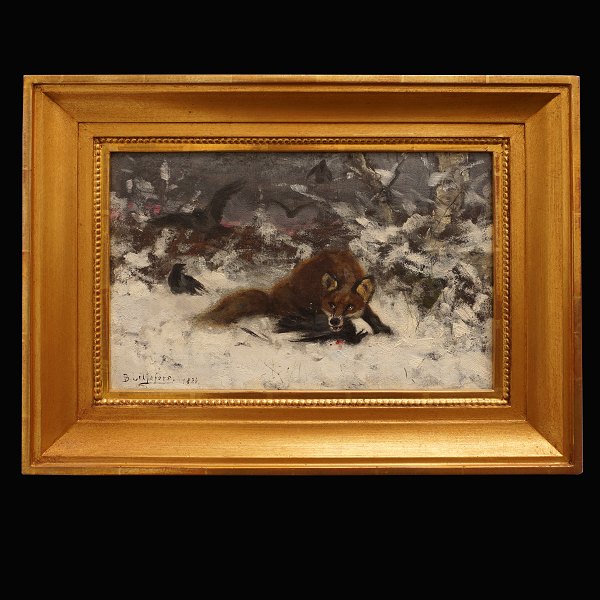 Bruno Liljefors, 1860-1939, Öl auf Leinen. Schneelandschaft mit Fuchs und 
Krähen. Signiert und datiert 1881. Lichtmasse: 23x36cm. Mit Rahmen: 37x50cm