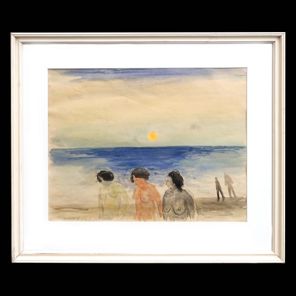 Jens Søndergaard akvarel. Jens Søndergaard, 1895-1957, akvarel med motiv i form af tre kvinder og to skikkelser ved strand. Signeret Jens Søndergaard 1947. Lysmål: 37x48cm. Med ramme: 57x68cm