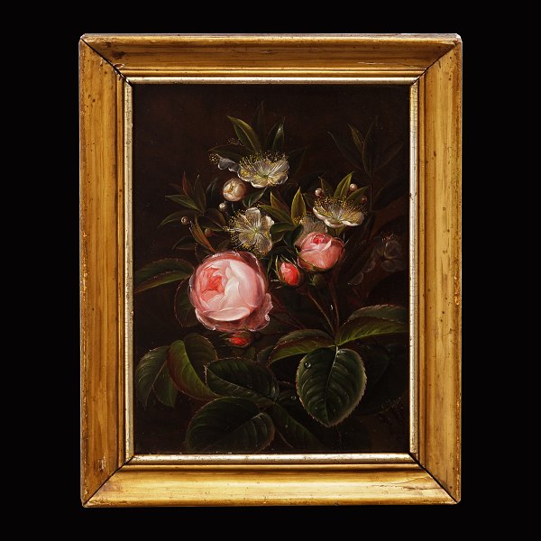 I. L. Jensens skole: Blomstermaleri med bl.a. roser. Olie på træ. Signeret "EM" ca. år 1830. Lysmål: 19x13,5cm, Med ramme: 23,5x18cm