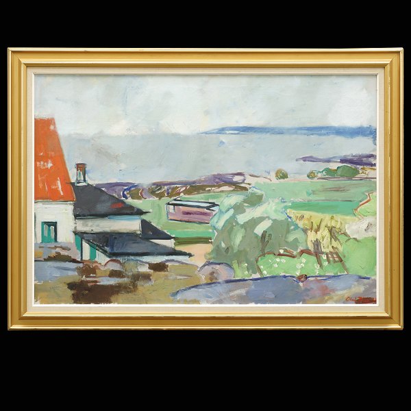 Olaf Rude maleri. Olaf Rude, 1886-1957, olie på lærred. Udsigt fra kunstnerens atelier, Allinge, Bornholm. Signeret. Lysmål: 88x129cm. Med ramme: 108x149cm