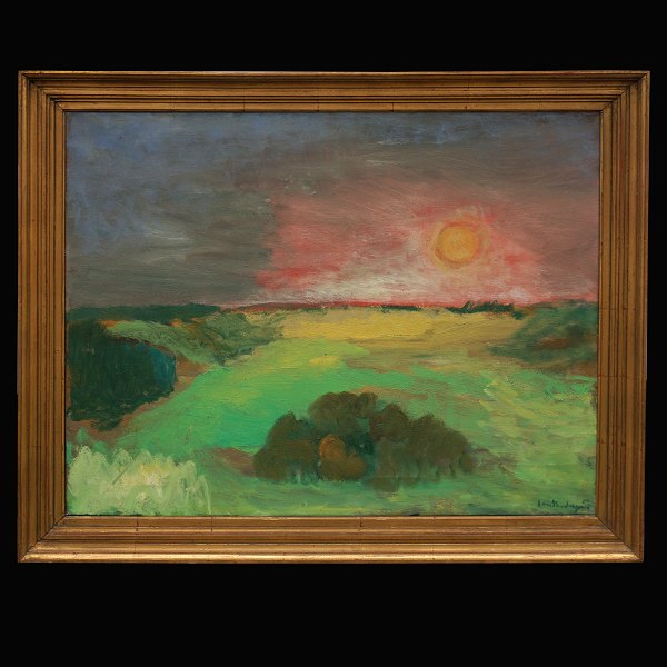 Jens Søndergaard, 1895-1957, Öl auf Leinen. Landschaft mit Sonne. Signiert und 
datiert 1954. Lichtmasse: 89x110cm. Mit Rahmen: 107x121cm