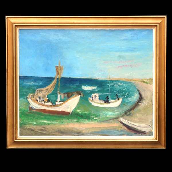 Jens Søndergaard maleri. Jens Søndergaard, 1895-1957, olie på lærred. Havbillede visende fiskekuttere ved stranden ved Vorupør. Ca. år 1950. Signeret. Lysmål: 80x99cm. Med ramme: 100x119cm