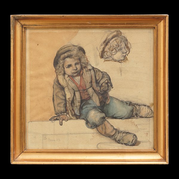 Pietro Krohn, 1840-1905, tegning. "Siddende lyshåret Dreng". Signeret med monogram Roma 1872. Lysmål: 32x33cm. Med ramme: 39x40cm