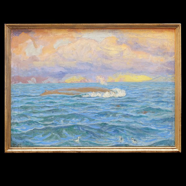 Johannes Larsen, 1867-1961, oil on canvas. Fin whale and swimming puffins at the 
coast of Iceland. Signed and dated 1930. Visible size: 93x130cm. With frame: 
102x139cm