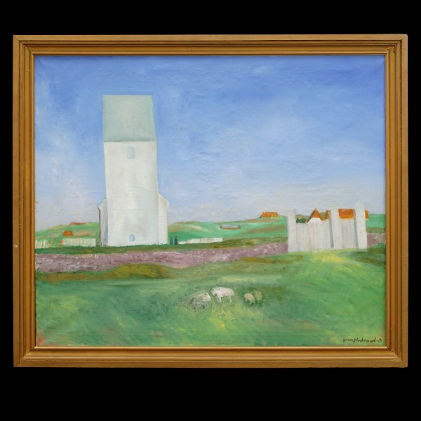 Jens Søndergaard, 1895-957, Öl auf Leinen. Die Kirche bei Ferring. Signiert und 
datiert 1948. Lichtmasse: 109x129cm. Mit Rahmen: 124x144cm