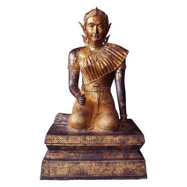 Sjælden stor forgyldt bronzefigur forestillende Mae Phosop (Mae Khwan Khao), risgudinde, Thailand. Bangkok første halvdel af 1800-tallet, rattanakosin. H: 106cm. B: 62cm. D: 65cm