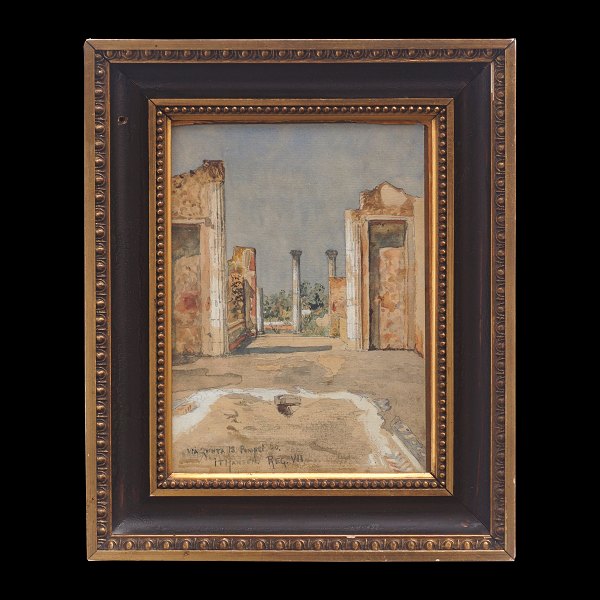 I. T. Hansen, akvarel, Pompeji.Josef Theodor Hansen, 1848-1912, akvarel.Signeret "Via Quinta 13 Pompei 66. I T Hansen. Reg VII".Lysmål: 18x13cm. Med ramme: 26x21cm