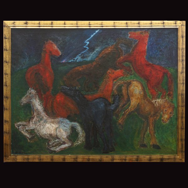 Jens Søndergaard, Denmark, 1895-1957, oil on canvas. "Horses". Signed and dated 
1932. Visible size: 167x208cm. With frame: 185x226cm