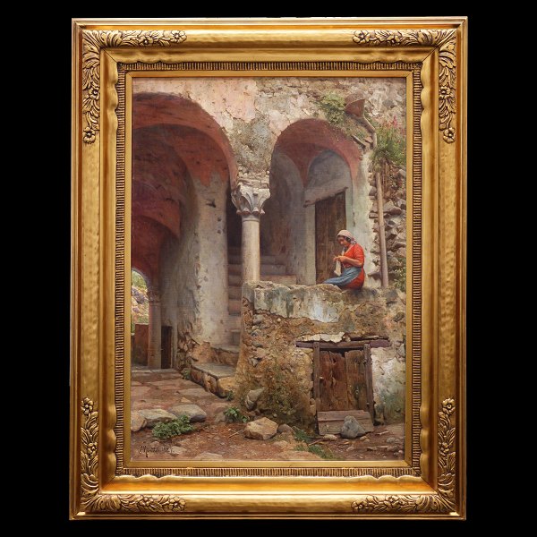 Peder Mønsted maleri. Peder Mønsted, 1859-1941, olie på lærred. Parti fra 
Ravello, Italien, signeret og dateret 1927. Betegnet "Trappeopgang i en gammel 
Gaard - Ravello". Lysmål: 99x69cm. Med ramme: 130x100cm