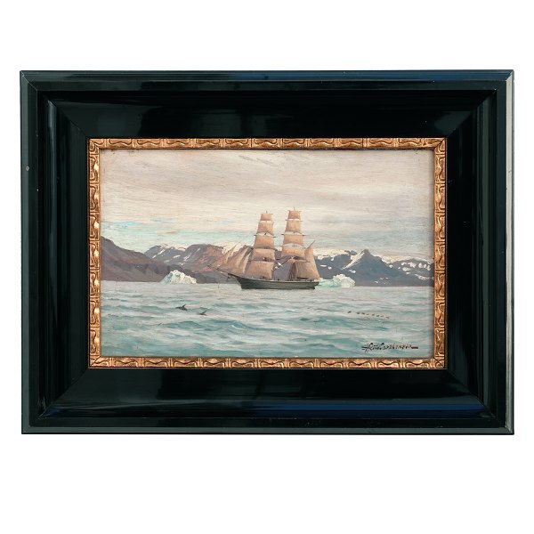Riis Carstensen maleri. Andreas Riis Carstensen, 1844-1906, olie på lærred. Marinemotiv med skib ud for Grønlands kyst. Signeret. Lysmål: 22x36cm. Med ramme: 39x53cm