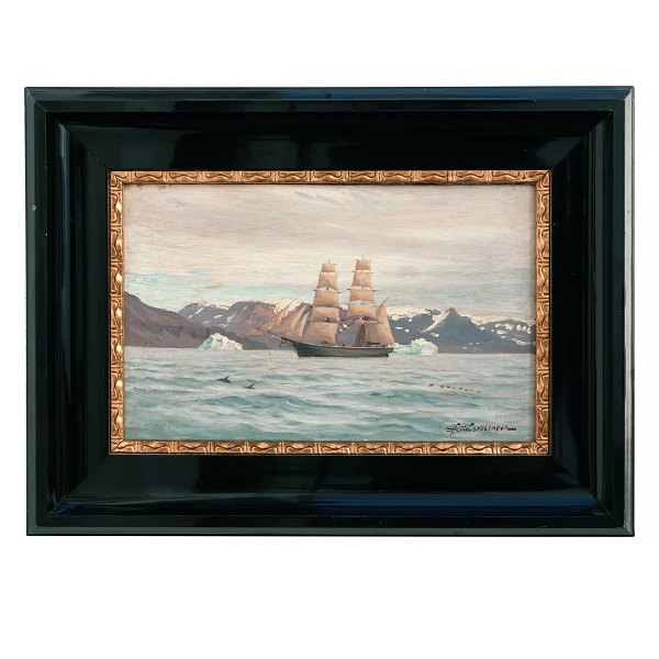 Andreas Riis Carstensen, 1844-1906, Öl auf Leinen. Marinenmotiv vor der Küste 
Grönlands. Signiert. Lichtmasse: 22x36cm. Mit Rahmen: 39x53cm