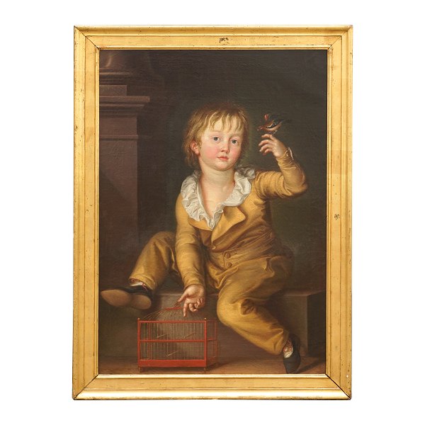 Carl Probsthayn, 1770-1818, olie på lærred. Motiv i form af dreng med i gul dragt med fugl og fuglebur. Signeret "C. Probsthayn 03". Lysmål: 92x63cm. Med ramme: 107x78cm