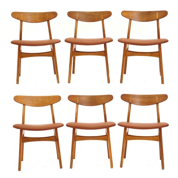 Set of 6 Hans J. Wegner, Denmark, CH 30 chairs. Teak and oak