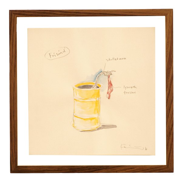 Michael Kvium, f. 1955, akvarel. Akvarellen bærer titlen "Frisind" og er skitsen til én af skulpturerne på udstillingen "Cirkus Europa" 2017. Signeret og dateret 2016. Lysmål: 25x25cm. Med ramme: 32x32cm.