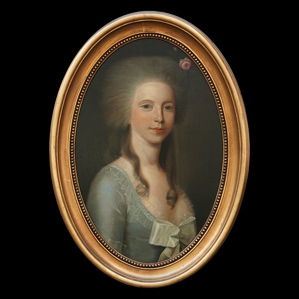 Jens Juel, 1745-1802, Kreis, Öl auf Leinen auf Holz. Porträt von Margaretha 
Løvenskjold, 1772-1808. Heiratet den dänischen Grafen Frederik Moltke, der 
später dänischer Statsminister wird. Lichtmasse: 62x40cm. Mit Rahmen: 77x55cm