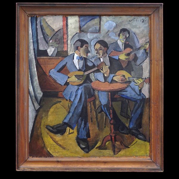 Victor Isbrand, 1897-1988, oil on plate. Cubism composition with three 
musicians. Signed and dated 1918. Exhibited and depicted. Visible size: 
105x88cm. With frame: 121x106cm