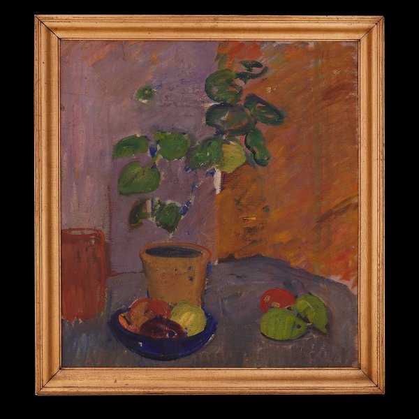 Karl Isakson maleri. Karl Isakson, 1878-1922, stilleben med pelargonie og 
frugter, olie på lærred. Lysmål: 57x52cm. Med ramme: 66x61cm