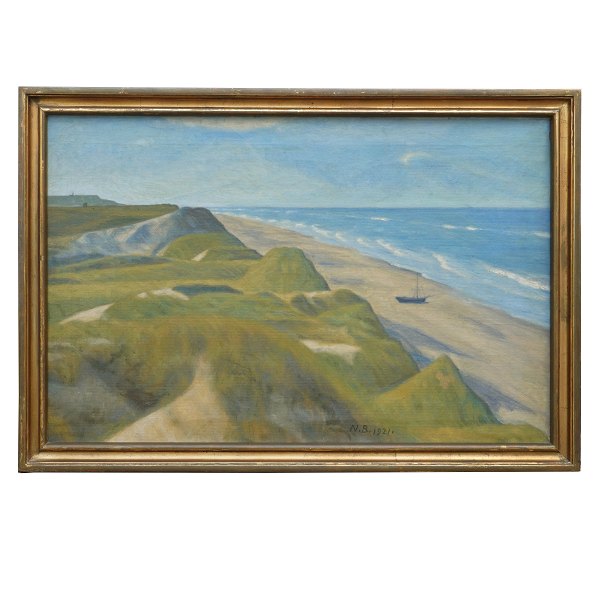 Niels Bjerre, 1864-1942, olie på lærred. Stranden ved Harboøre. Signeret og 
dateret 1921. Lysmål: 53x81cm. Med ramme: 62x90cm