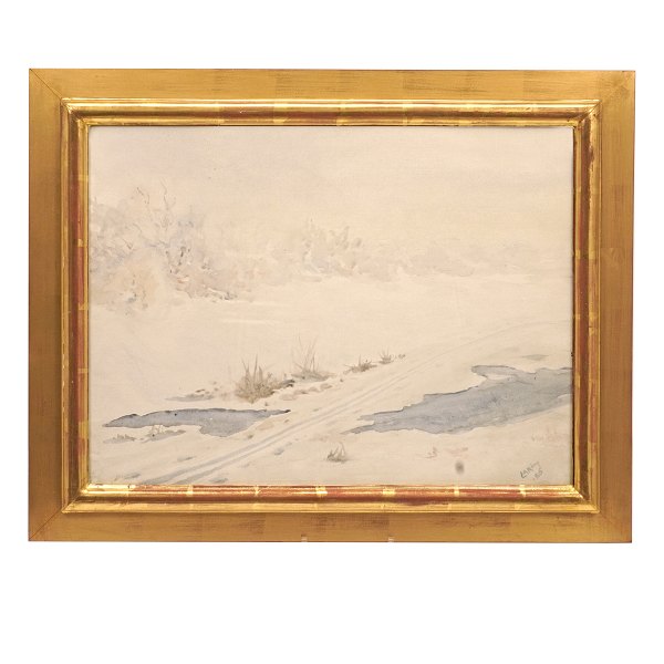 L. A. Ring akvarel. Laurits Andersen Ring, 1854-1933, akvarel med motiv i form 
af vinterlandskab. Signieret og dateret 1886. Lysmål:41x55cm. Med ramme: 56x70cm