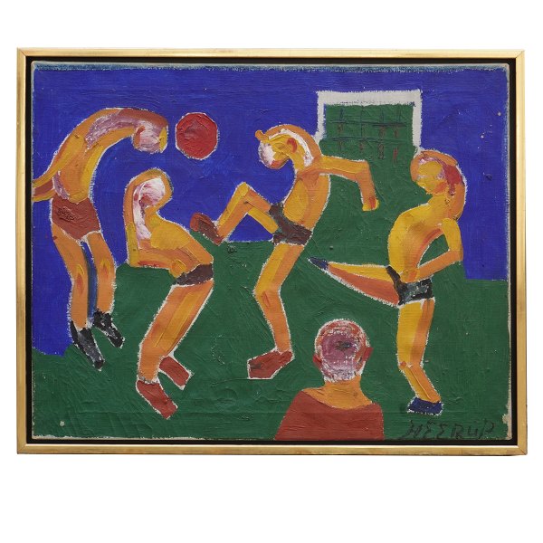 Henry Heerup maleri. Henry Heerup, 1907-93, olie på lærred. Motiv i form af 
fodboldspillere. Signeret Heerup. Lysmål: 57x70cm. Med ramme: 61x74cm