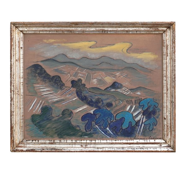 Rita Kernn Larsen, 1904-98, olie på træ. Landskab med bjerge. Signeret og 
bagside dateret 1948. Lysmål: 25x32cm. Med ramme: 31x38cm