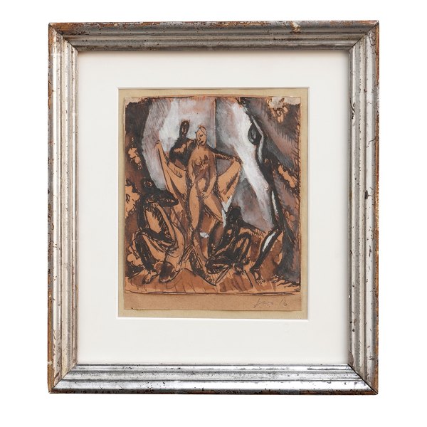 Jais Nielsen 1916. Jais Nielsen, 1885-1961, akvarel. Signeret og dateret "Jais 
16". Lysmål: 15x13cm. Med ramme: 26x24cm