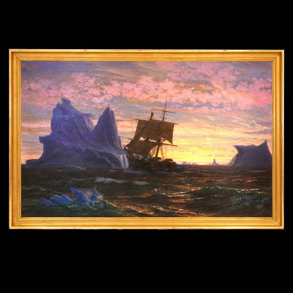 I E C Rasmussen parti fra Grønland med skib, isbjerge og solnedgang. Jens Erik 
Carl Rasmussen, 1841-93, olie på lærred. Signeret og dateret 1872. Lysmål: 
98x156cm. Med ramme: 112x170cm