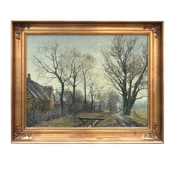Ole Ring maleri. Ole Ring, 1902-72, olie på lærred. Parti fra landsby. Signeret. 
Lysmål: 45x59cm. Med ramme: 60x74cm