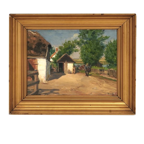 Hans Andersen Brendekilde, 1857-1942, Öl auf Leinen. Dorf an einem Sommertag. 
Signiert. Lichtmasse: 29x37cm. Mit Rahmen: 43x51cm