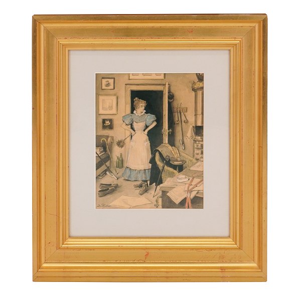 Paul Fischer, 1860-1934, Wasserfarbe. Dienstmädchen im Herrenzimmer. Signiert 
Paul Fischer. Lichtmasse: 24x19cm. Mit Rahmen: 46x41cm