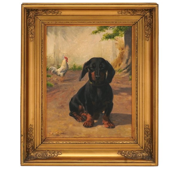 Simon Simonsen, 1841-1928, Öl auf Leinen. Dackel mit Huhn. Signiert und datiert 
1920. Lichtmasse: 38x27cm. Mit Rahmen: 54x43cm
