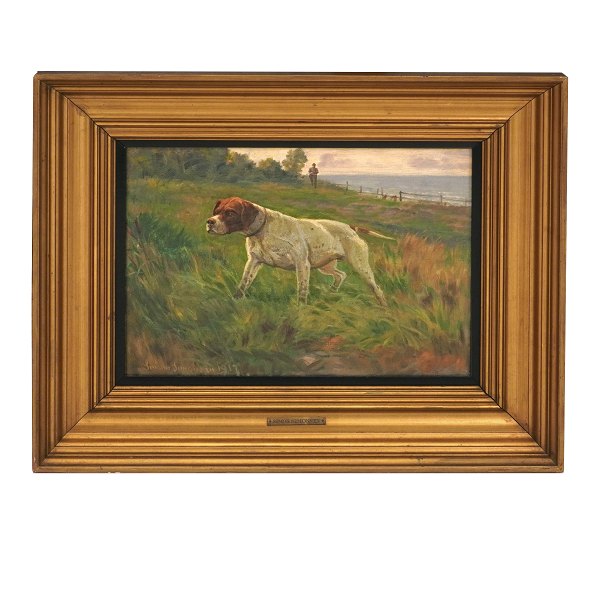 Simon Simonsen, 1841-1928, Öl auf Leinen. Pointer mit Jäger. Signiert und 
datiert 1917. Lichtmasse: 23x32cm. Mit Rahmen: 39x48cm