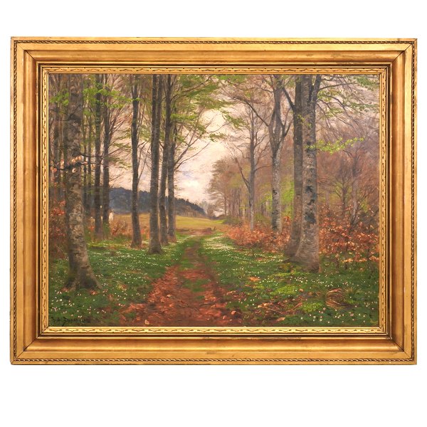 Hans Andersen Brendekilde, 1857-1942, Öl auf Leinen. Waldstück an einem 
Frühlingstag. Signiert. Lichtmasse: 89x115cm. Mit Rahmen: 115x141cm