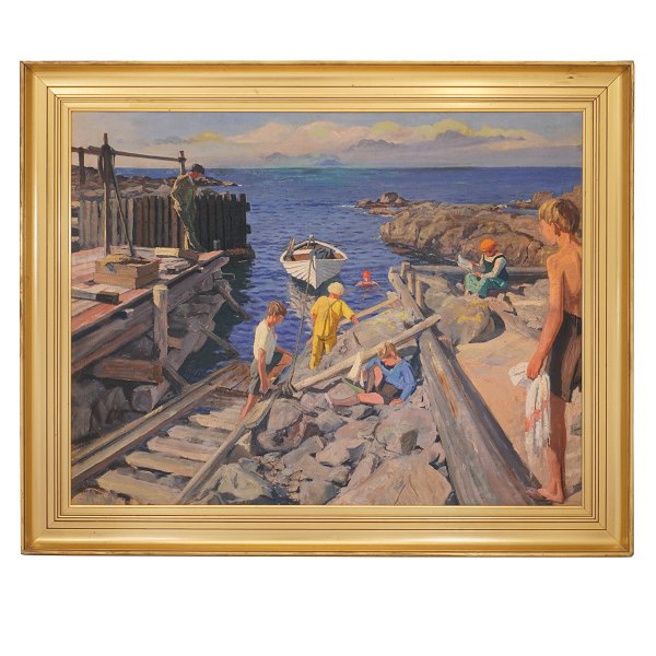 Erik William Johnsen, 1886-1948, Öl auf Leinen. Sommertag auf Bornholm. 
Signiert. Lichtmasse: 93x120cm. Mit Rahmen: 110x137cm
