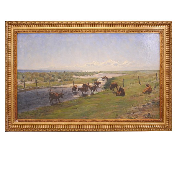 Gotfred Rode, 1862-1937, Öl auf Leinen. Grosse Partie mit Kühen auf einem Feld. 
Signiert. Lichtmasse: 85x140cm. Mit Rahmen: 111x164cm