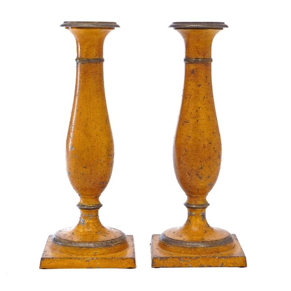 Pair of Danish mid 19th century yellow decorated pewter candlesticks. Denmark circa 1840. H: 21cm