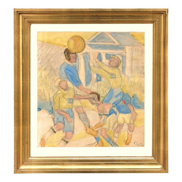 Christine Swane, 1876-1960, mixed media. Motiv in Form von Fussballspielern. Signiert und datiert 1940. Lichtmasse: 32,5x30cm. Mit Rahmen: 46x42,5cm