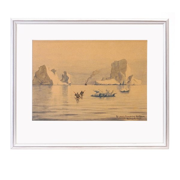 Emanual A. Petersen, 1894-1948, akvarel. Kajakroere i farvand med isbjerge og skib. Signeret "Til venlig Erindring Godhavn 1929 Em. A. Petersen". Lysmål: 23,5x33,5cm. Med ramme: 38,5x46cm