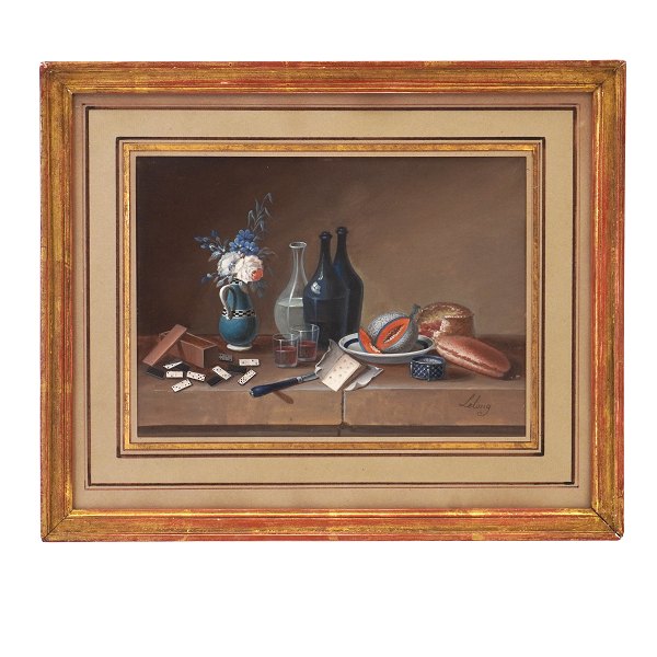 Johann Rudolf Lelong, 1779-1814, Gouache. Signiert "Lelong". Stilleben mit Karaffen, Blumenvase etc. Lichtamsse: 15x21,5cm. Mit Rahmen: 26x31,5cm