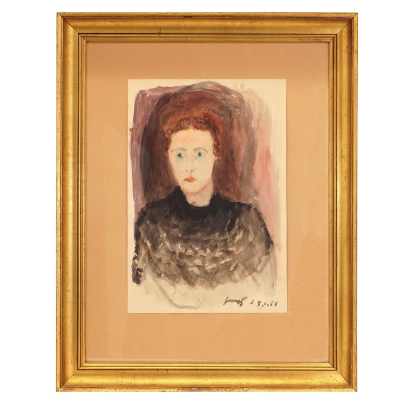 Jens Søndergaard, 1895-1957, Porträt der Frau des Küntslers. Signiert und datiert "Jens 9.1.51". Lichtmasse: 47x32cm. Mit Rahmen: 75x59cm