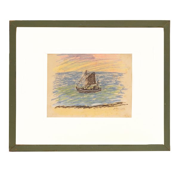 Jens Søndergaard, 1895-1957, Zeichnung, Kreide. Schiff am Ufer. Signiert. Lichtmasse: 21x28cm. Mit Rahmen: 42,5x52cm