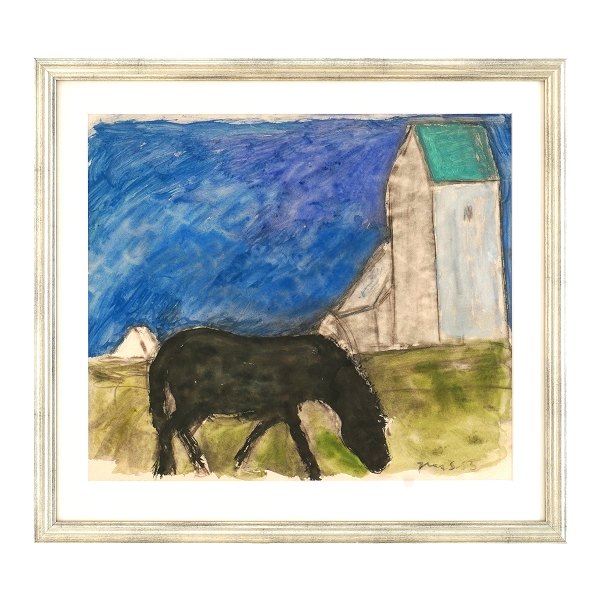Jens Søndergaard, 1895-1957, Wasserfarbe. Motiv mit Pferd und Kirche. Signiert und datiert 1953. Lichtmasse: 39x45m. Mit Rahmen: 52x56cm