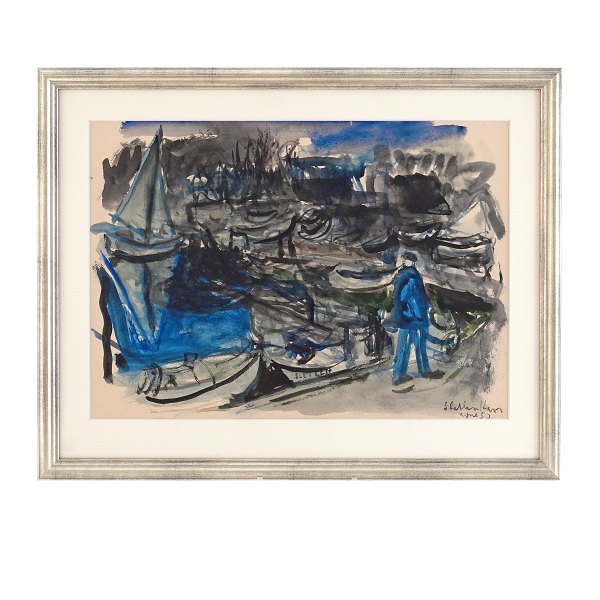 Jens Søndergaard, 1895-1957, water color. Motif from Sletten Marina, Denmark. Signed and dated 1953. Visible size: 32,5x46cm. With frame: 45,5x57cm