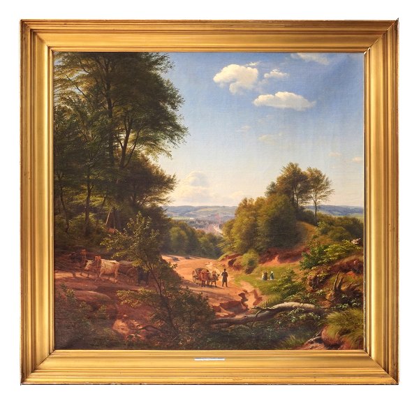 P. C. Skovgaard maleri. Peter Christian Thamsen Skovgaard, 1817-75, olie på lærred.Landskabsparti ved opkørslen til Lille Grundet med Vejle by i baggrunden. Signeret og dateret ”P. C. Skovgaard 1852”.Tilsvarende motiv ejes af Vejle Kunstmuseum