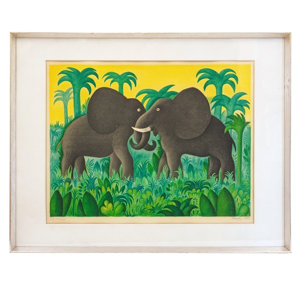 Scherfig litografi elefanter. Hans Christian Scherfig, 1905-79, litografi. Et møde, 1974, 250/270. Lysmål: 48x61cm. Med ramme: 64x81cm